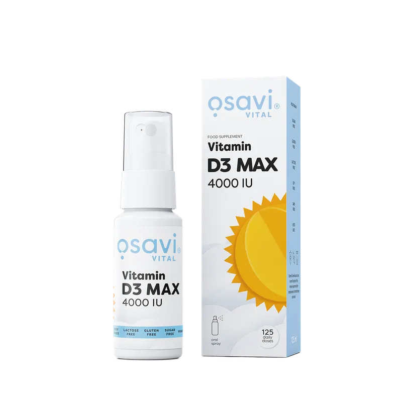 OSAVI Vitaminas D3 MAX 4000 TV, 12,5 ml – buteliukas ir pakuotė